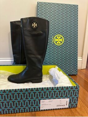 Tory Burch Black Leather Riding Boots with Signature Logo